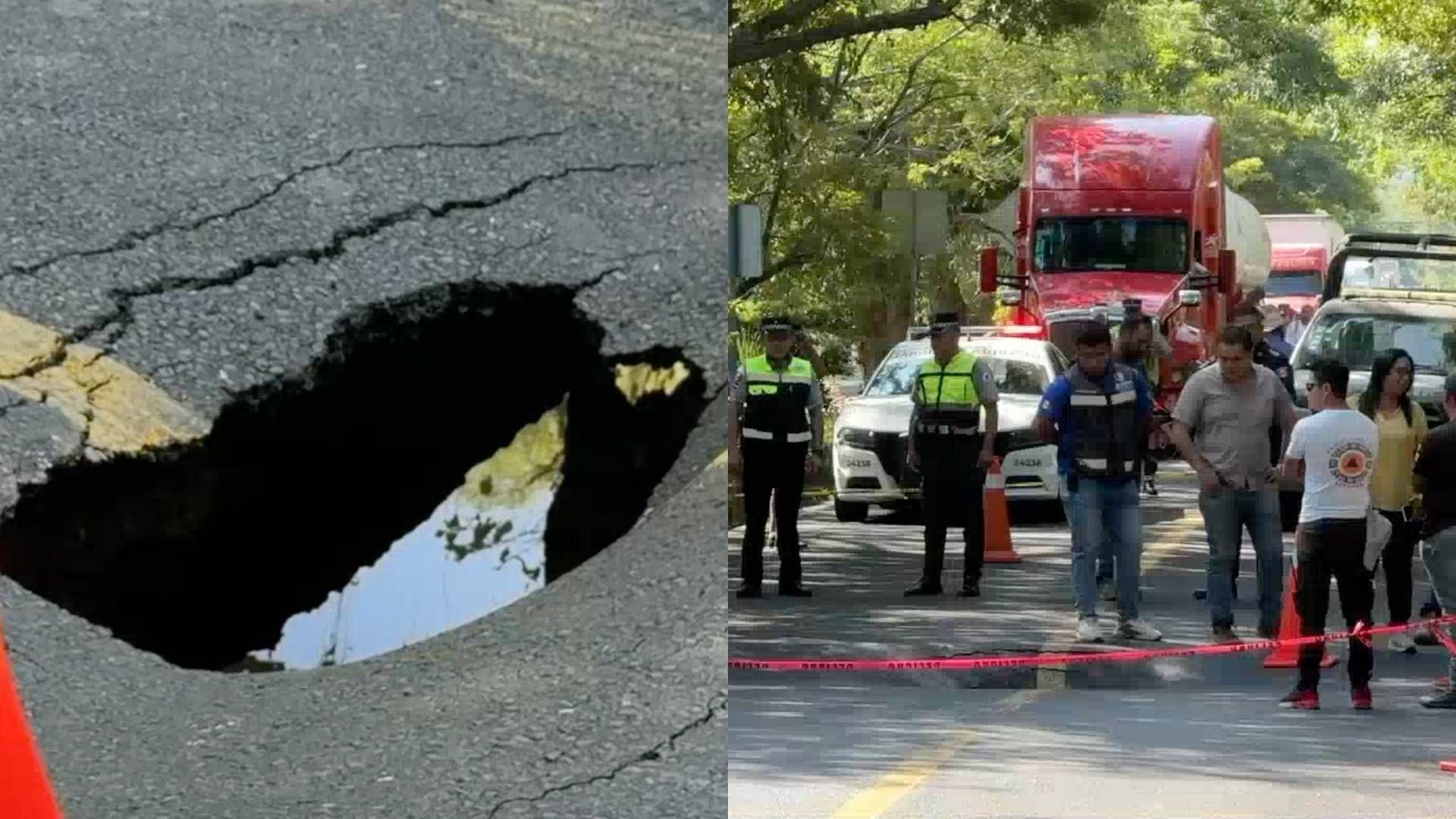 En la carretera se formó un socavón el cual obligó a bloquear el paso por el riesgo de colapso.