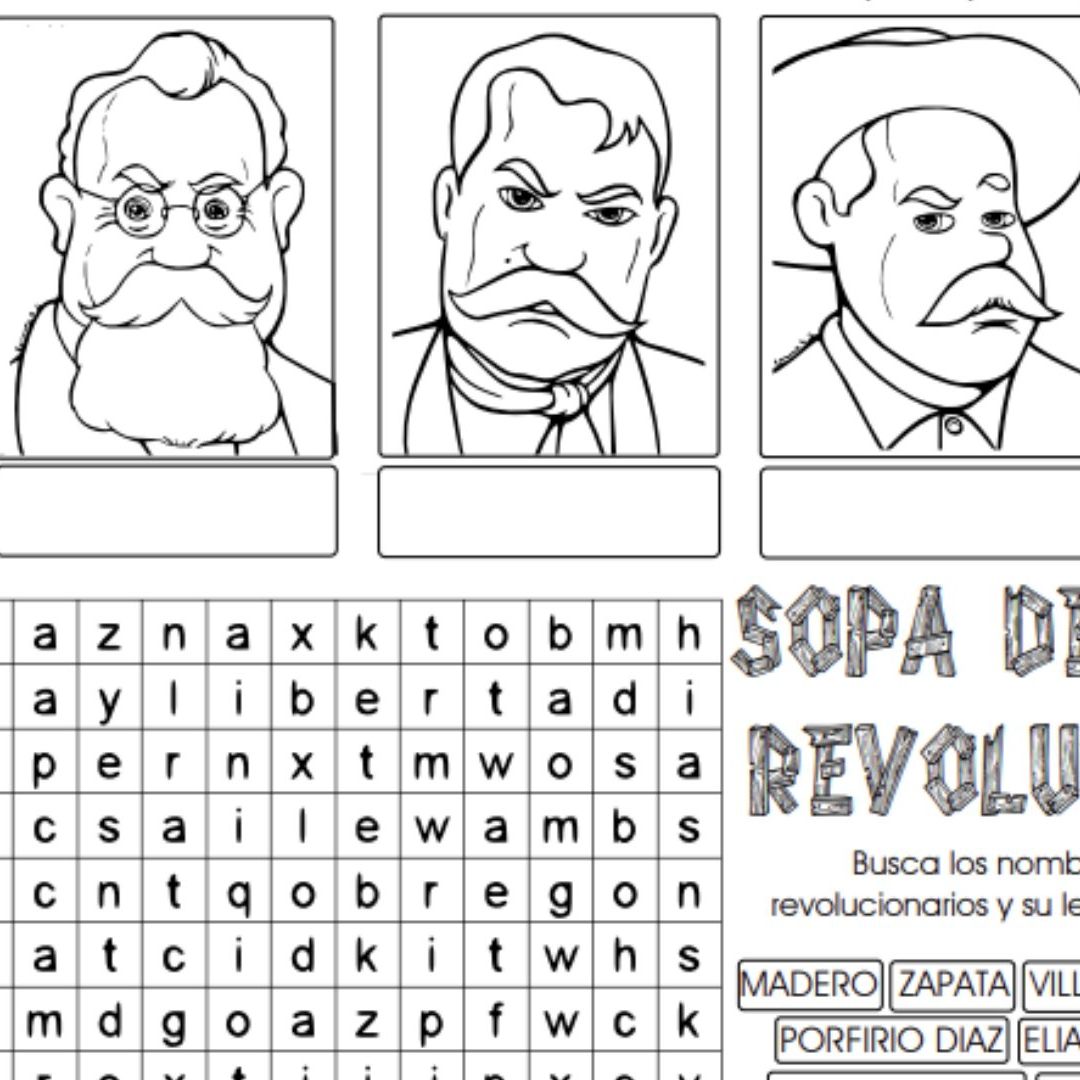 Sopa de letras de la Revolución Mexicana con personajes para descargar e imprimir en PDF para niños