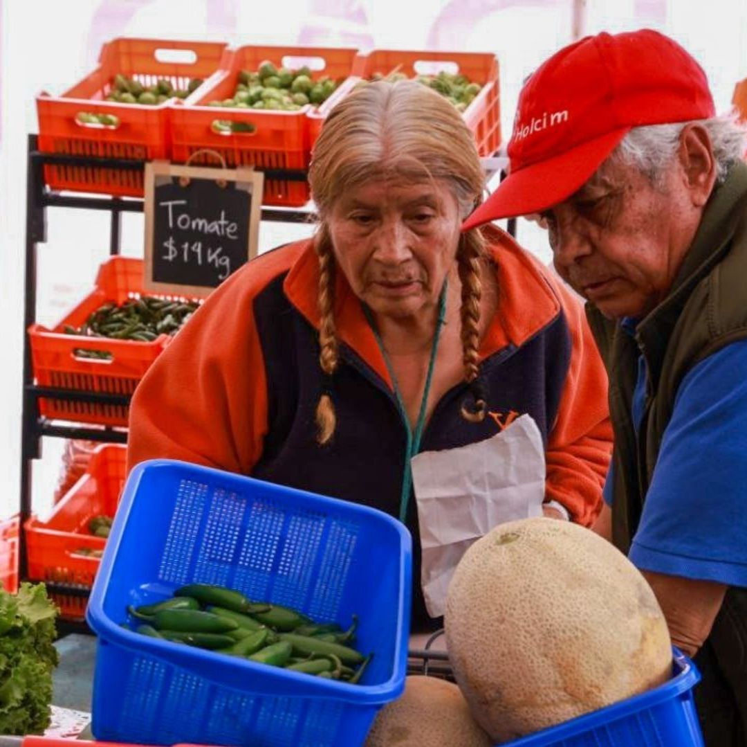 Dos personas adultas mayores realizan compras.
