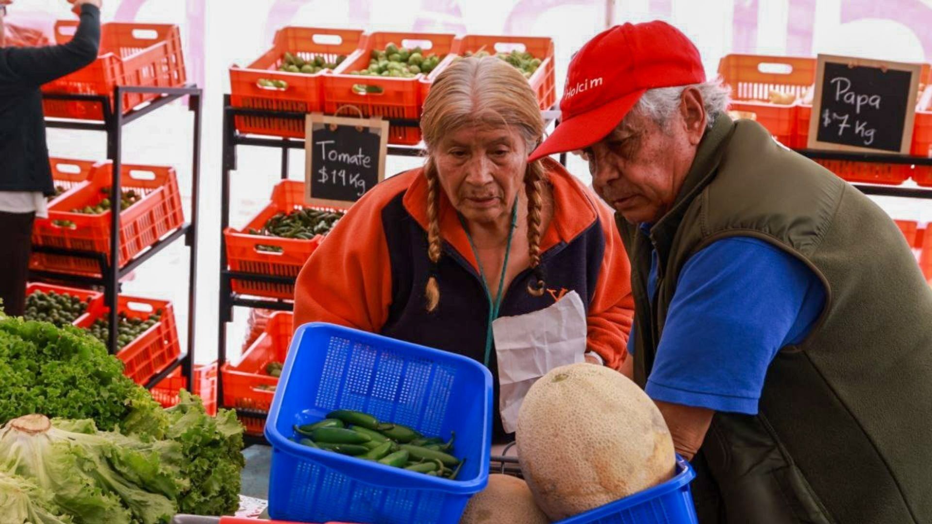 Dos personas adultas mayores realizan compras.