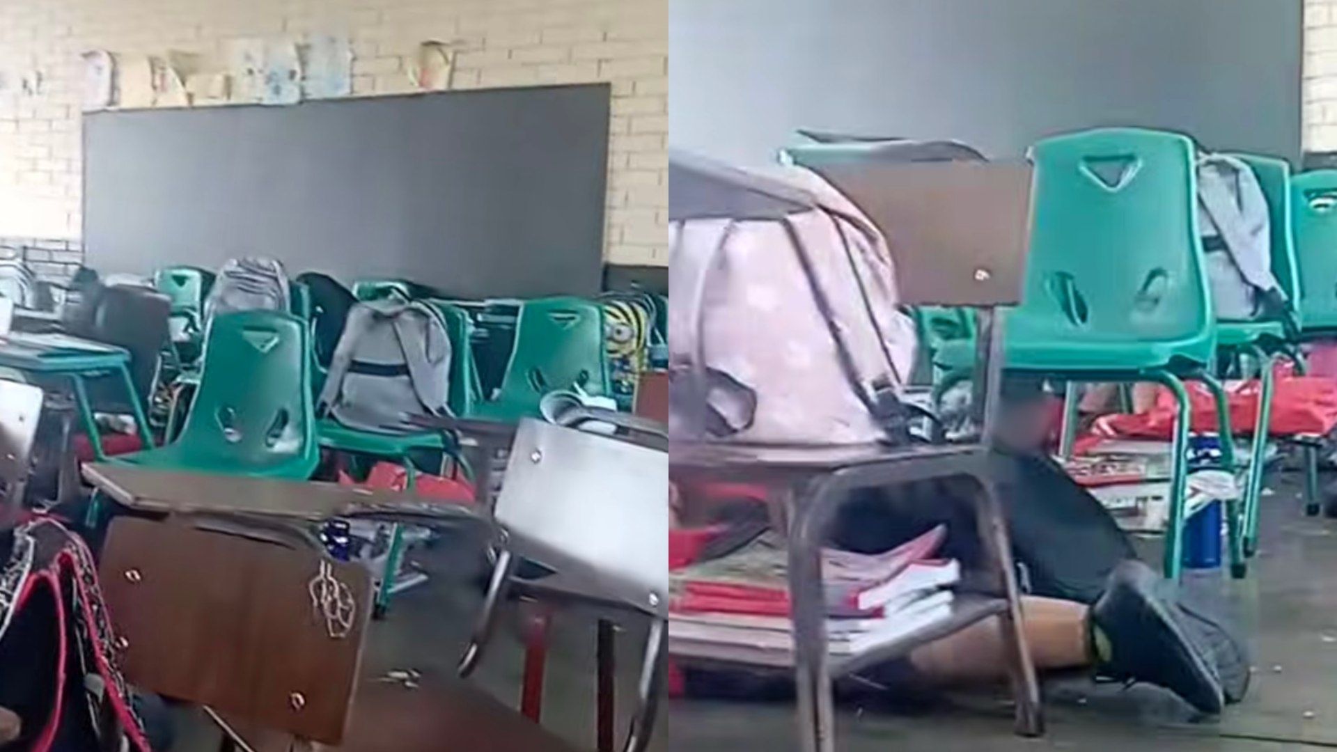 Alumnos de primaria se resguardan bajo sus bancas