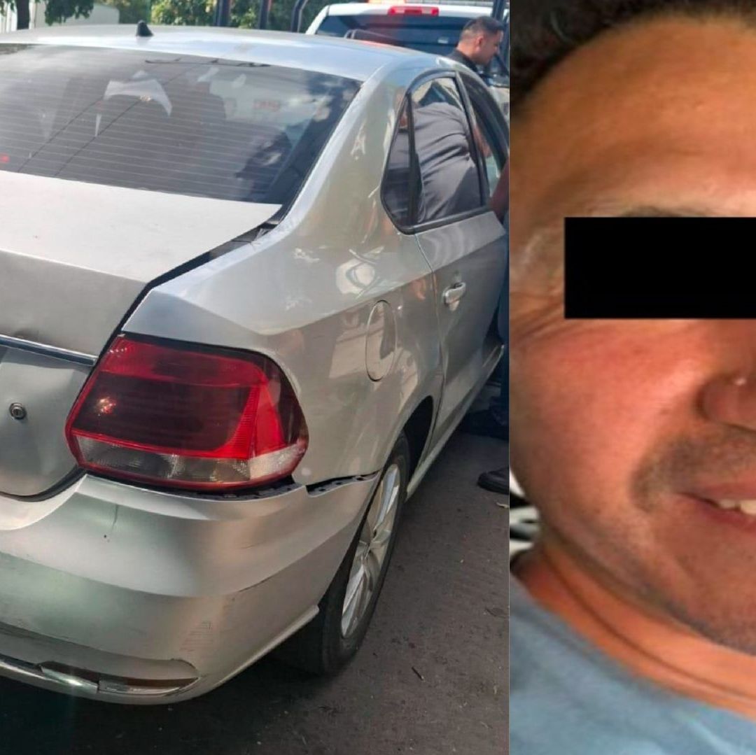 Un vehículo chocado y un hombre con los ojos tapados con una cinta negra.