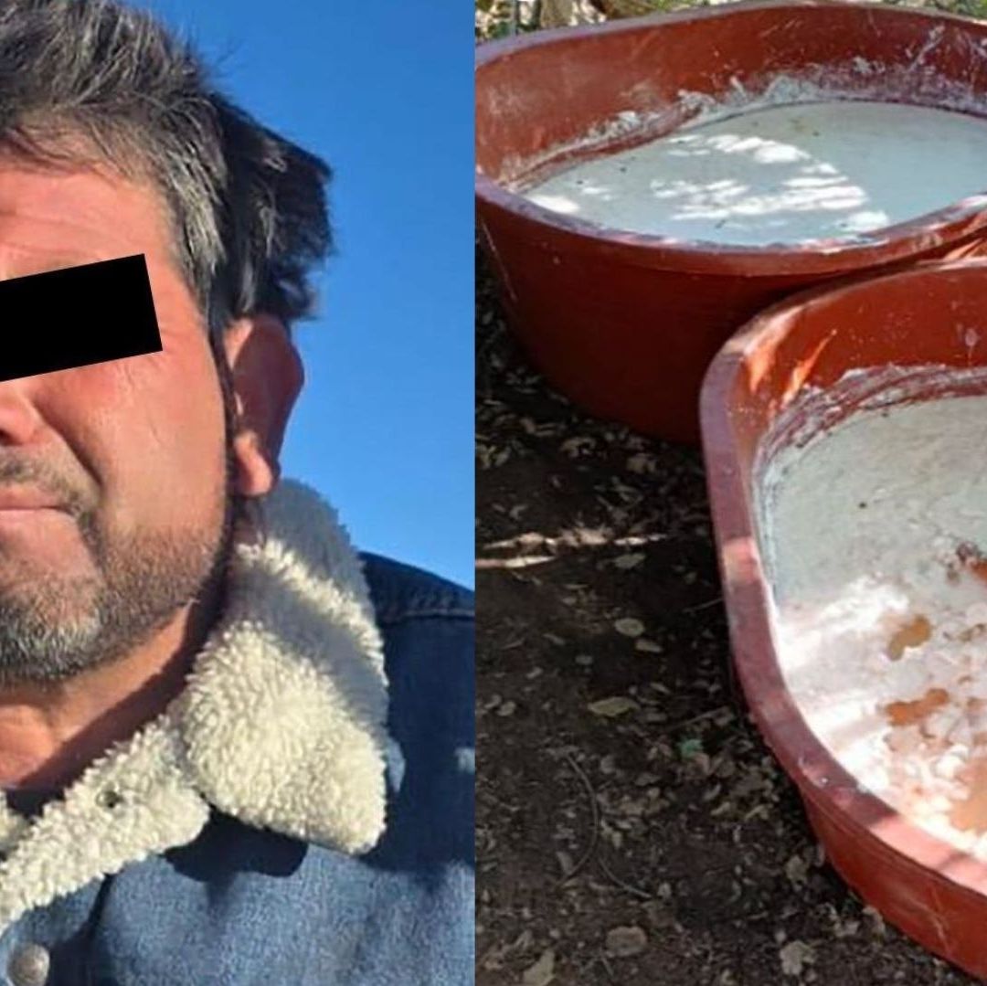 Un hombre detenido con los ojos tapados y otra imagen de una tina con una sustancia blanca.