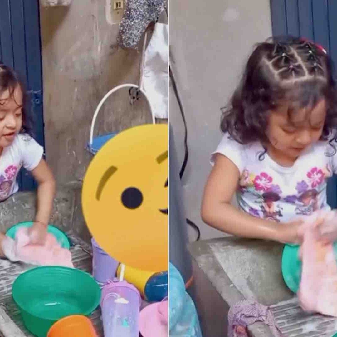 Niña canta canción de Ángela Aguilar mientras lava platos