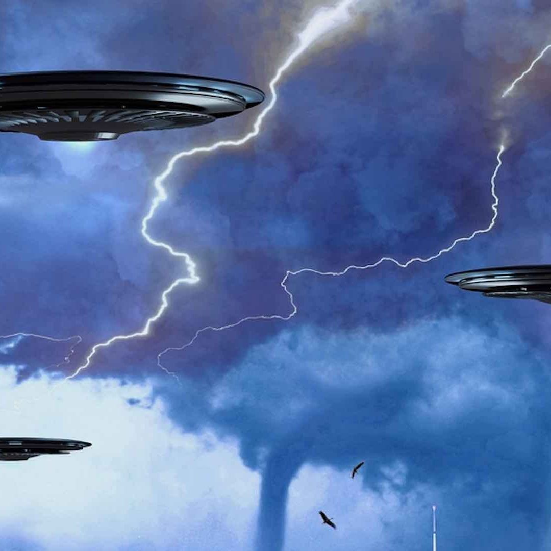 Ilustración de ovnis sobre una ciudad