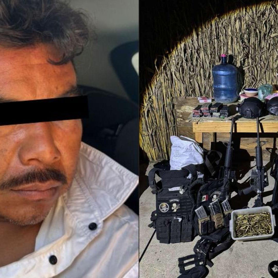 Carlos N, junto a las armas decomisadas en Oaxaca