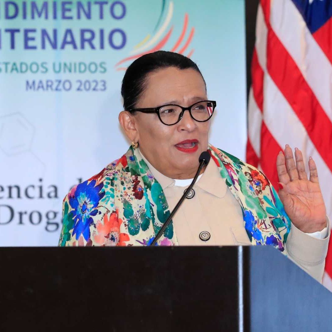 La secretaria de Seguridad, Rosa Icela Rodríguez, durante un foro sobre las drogas
