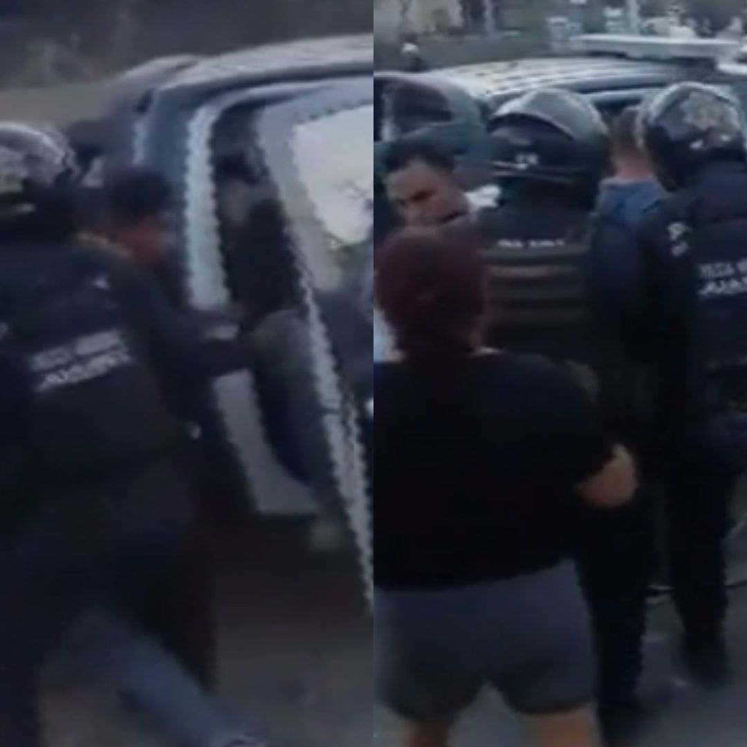 Policías y hombres peleando en Juárez, Nuevo León