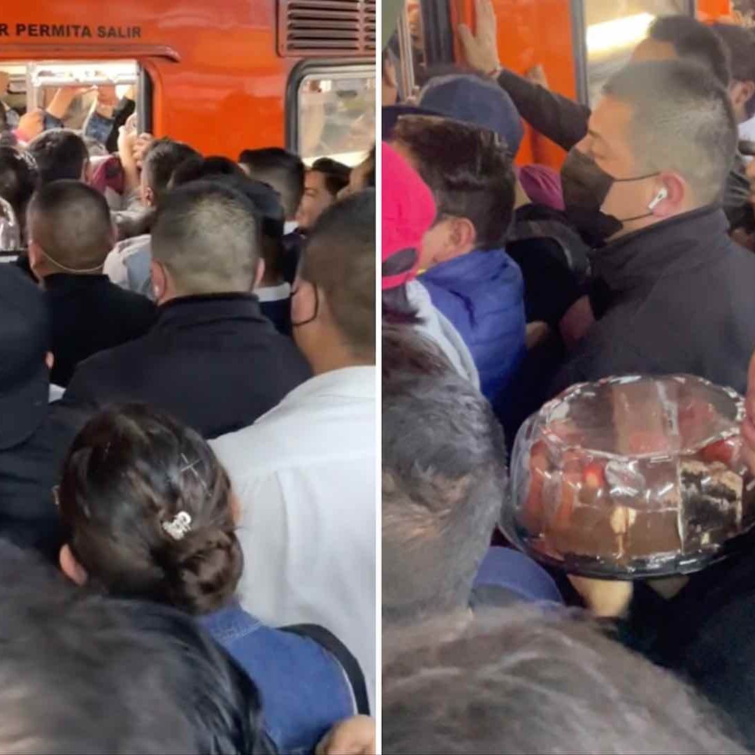 Usuario sube al Metro en hora pico con un pastel