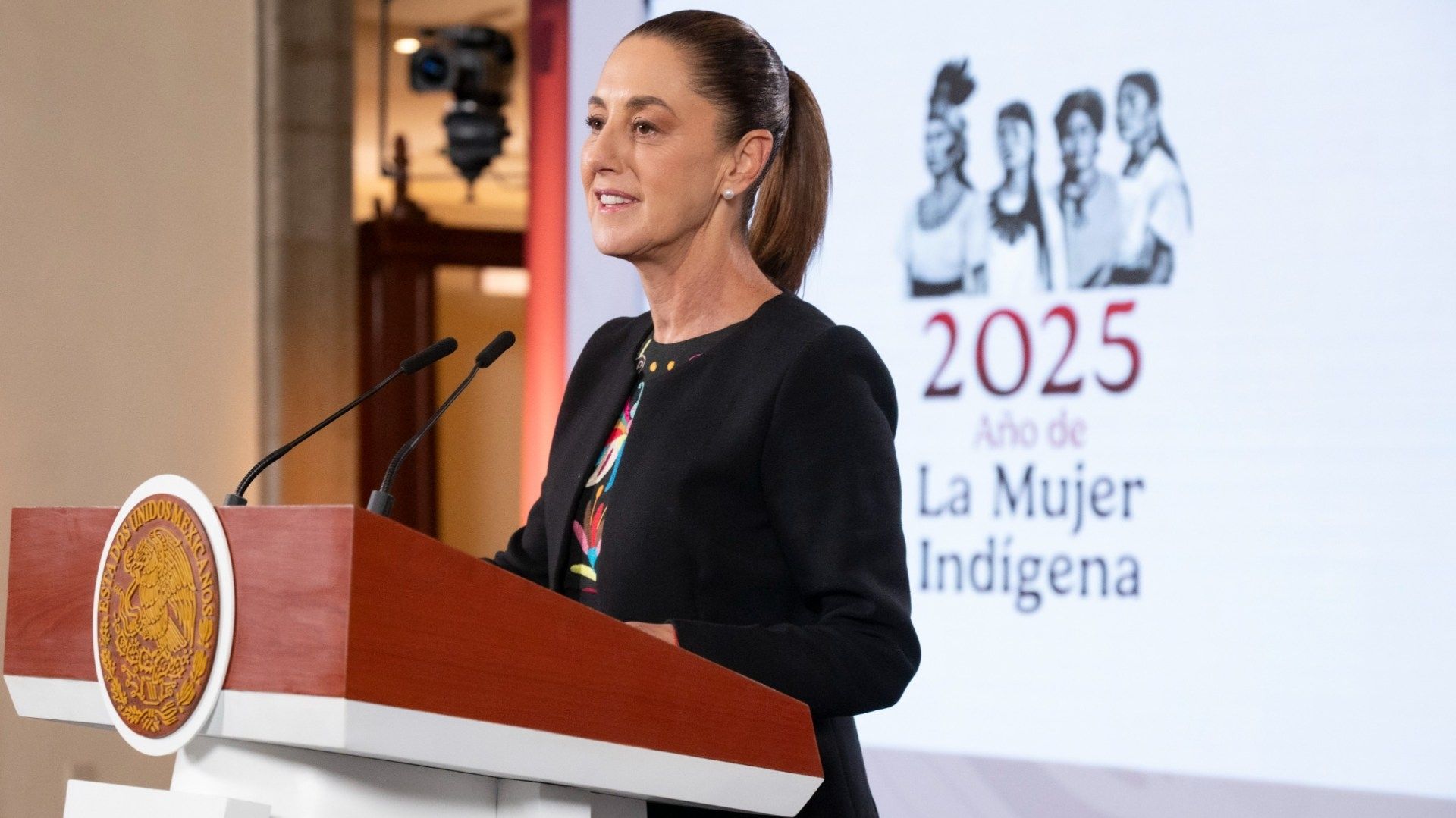 Una mujer habla por micrófono.