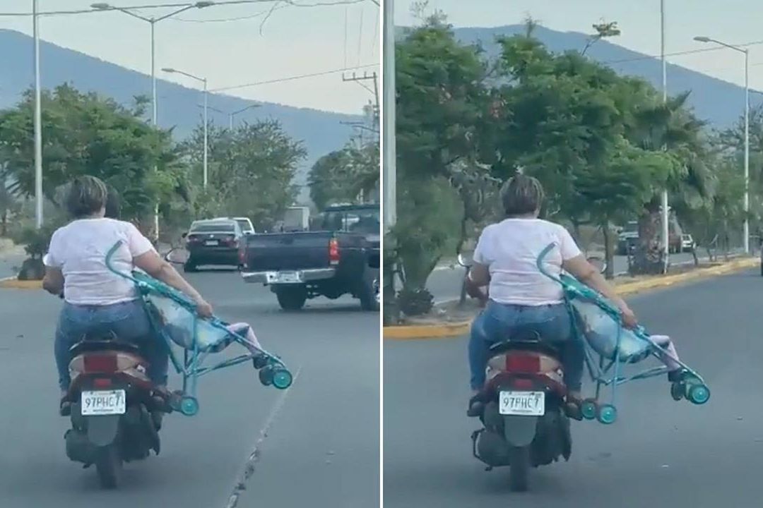 Video: Captan a pareja viajando en moto con todo y carriola