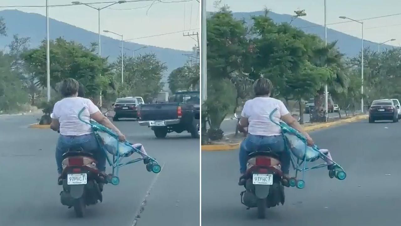 Video: Captan a pareja viajando en moto con todo y carriola