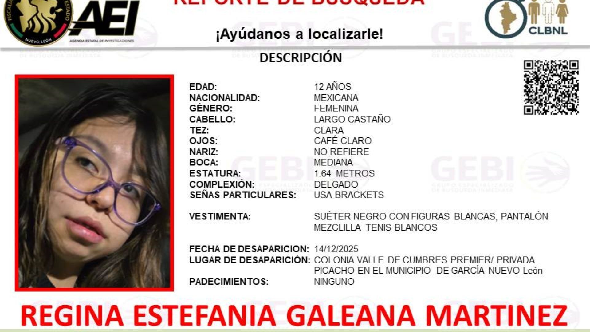 Ficha de búsqueda de Regina Estefanía Galeana Martínez, menor de 12 años de edad