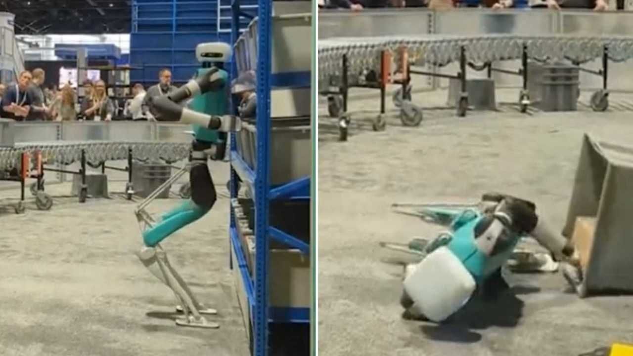 El robot Digit cae durante una presentación en una feria