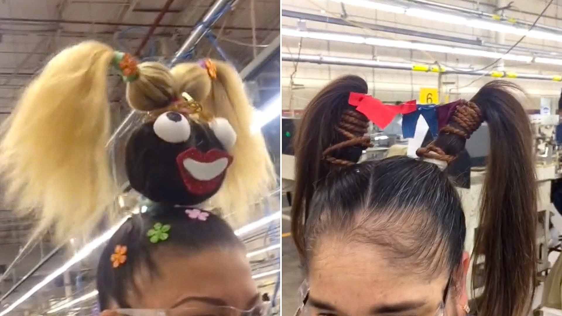 Empleados de fábrica van al trabajo con peinados locos