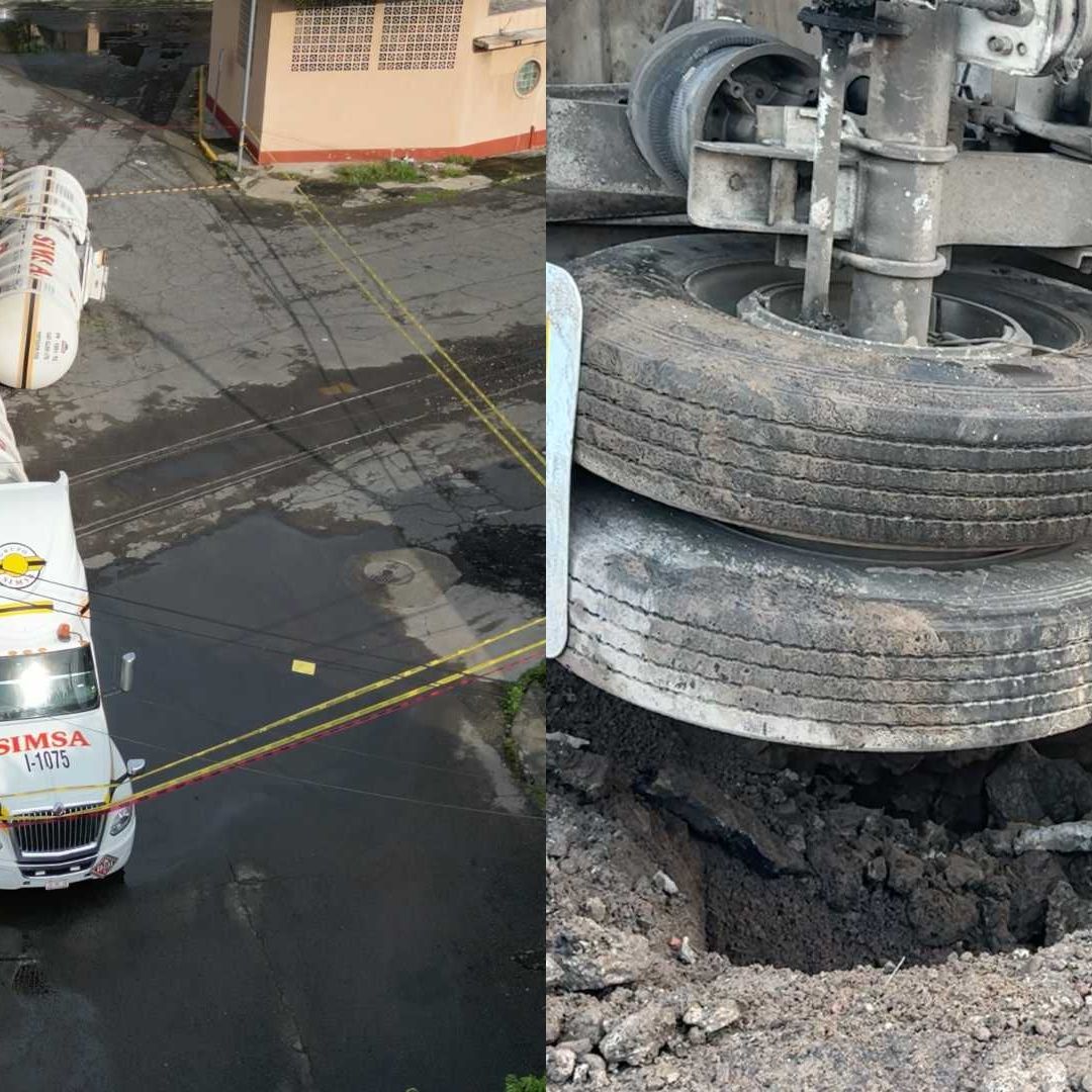 Fue el segundo remolque de la pipa el que terminó volcado sobre su costado izquierdo tras caer en el socavón en la calle Independencia Norte.