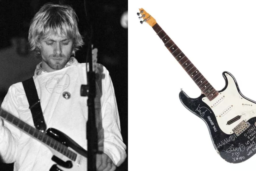 La Fender Stratocaster negra rota fue firmada por los tres músicos del grupo de Seattle cuando estaban en ascenso