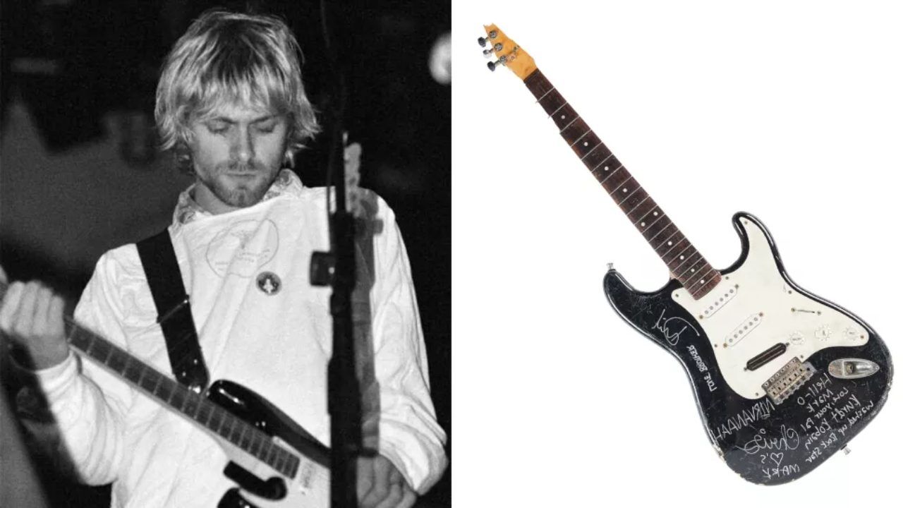 La Fender Stratocaster negra rota fue firmada por los tres músicos del grupo de Seattle cuando estaban en ascenso