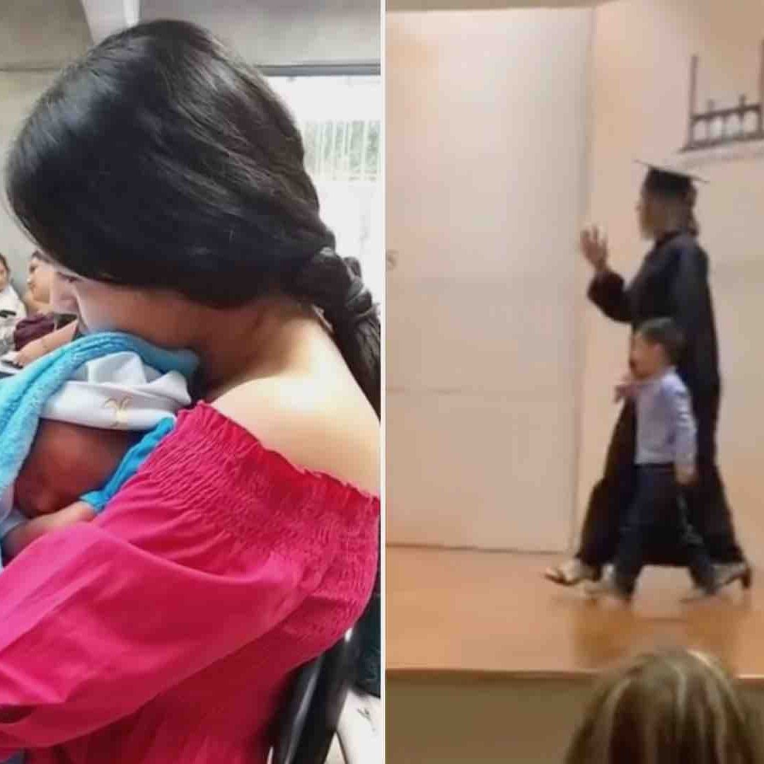 Joven lleva su bebé a la universidad y recogen su título juntos