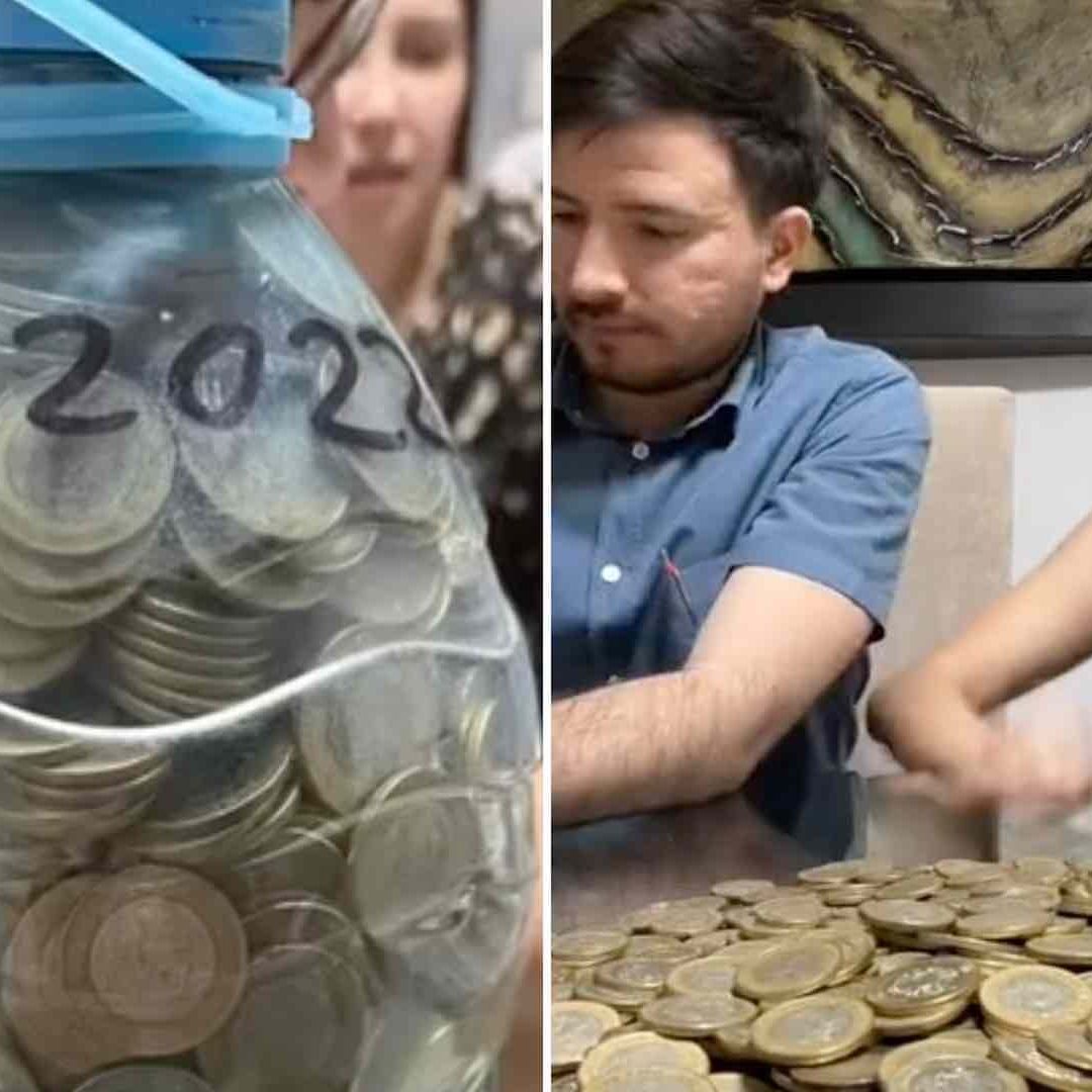 Regalan bote lleno de monedas de diez pesos a novios para su boda