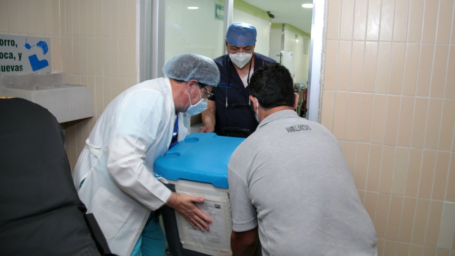 Personas trasladan órganos para trasplantes médicos.