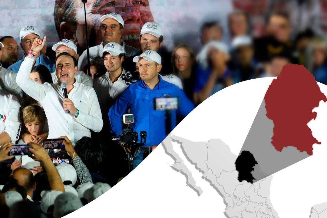 Candidato Manolo Jiménez de la coalición PAN-PRI-PRD, sonriendo durante su discurso tras victoria electoral en Coahuila, 2023