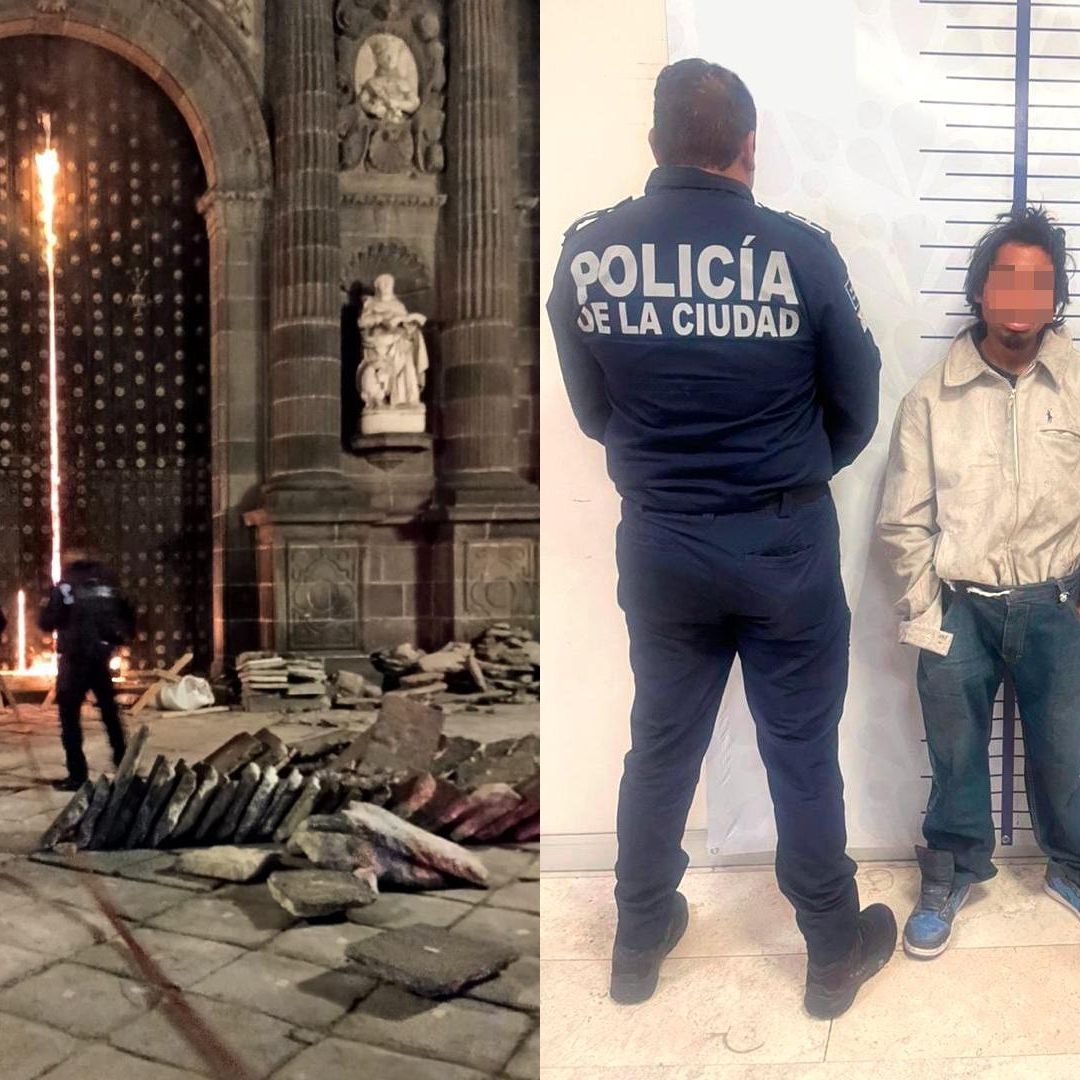 David N Detenido por Incendio Acto Vandálico en Puerta Norte de la Catedral de Puebla
