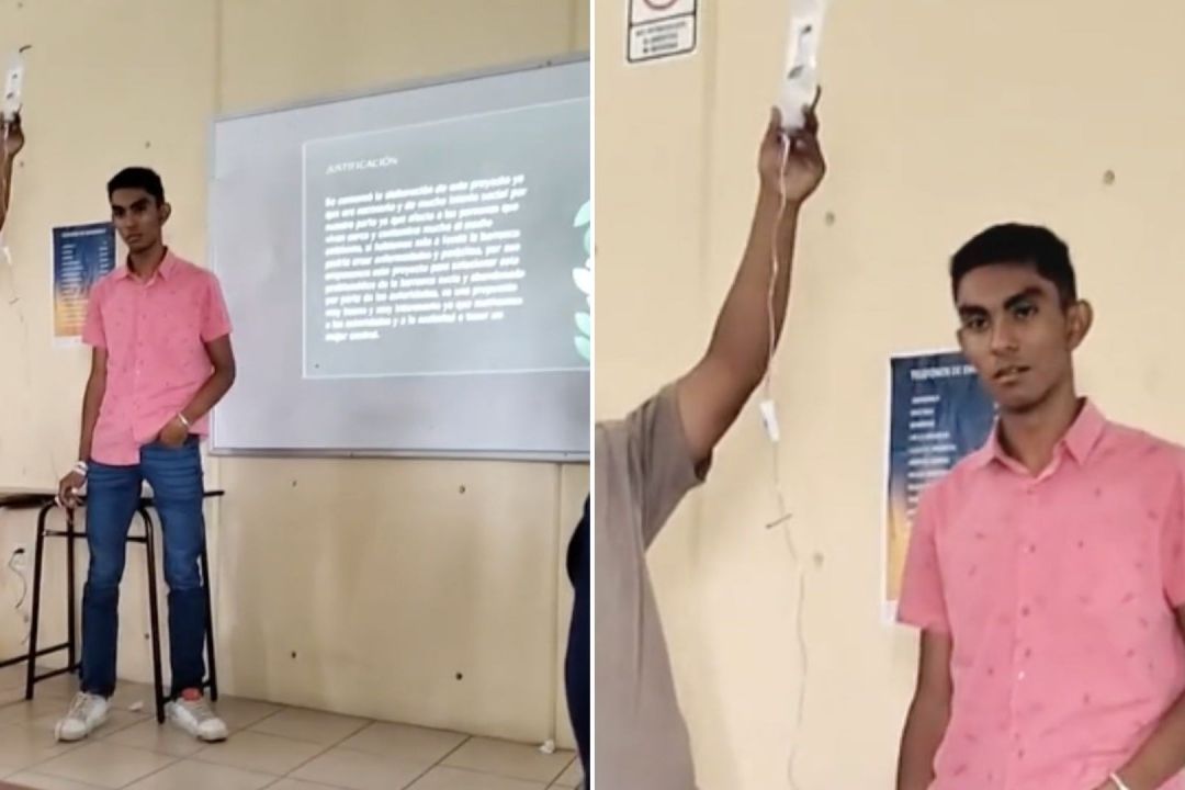 ¡Cumplidor! Estudiante Hace Exposición Conectado a un Suero
