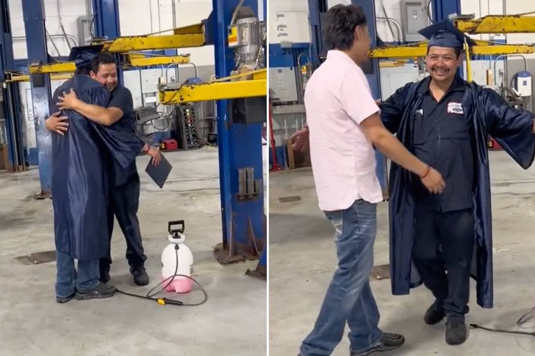 Este joven sorprendió con su título universitario a su papá en el trabajo