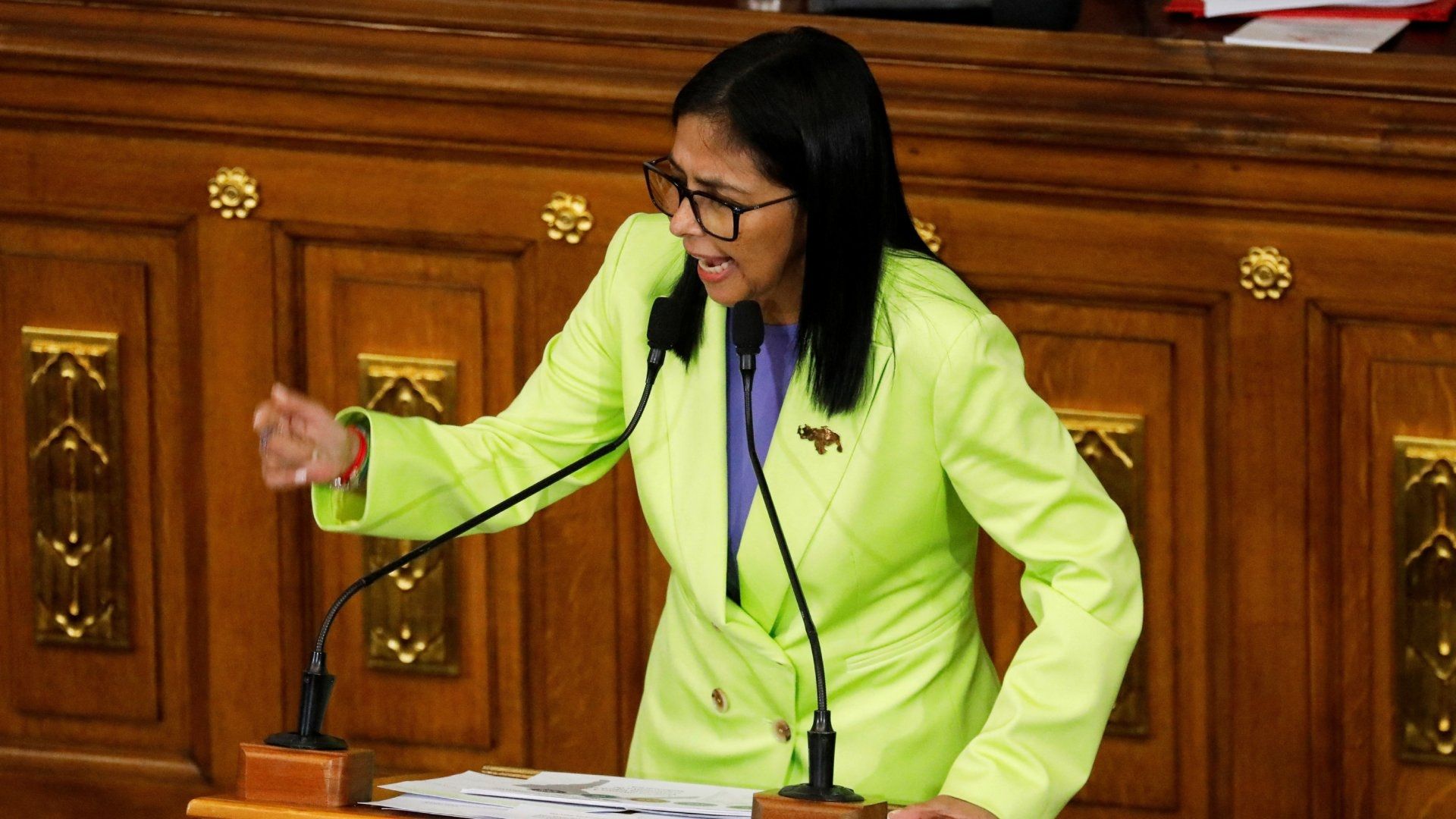 Delcy Rodríguez, presidenta encargada de Venezuela, habló ante los 285 legisladores que conforman el Parlamento.