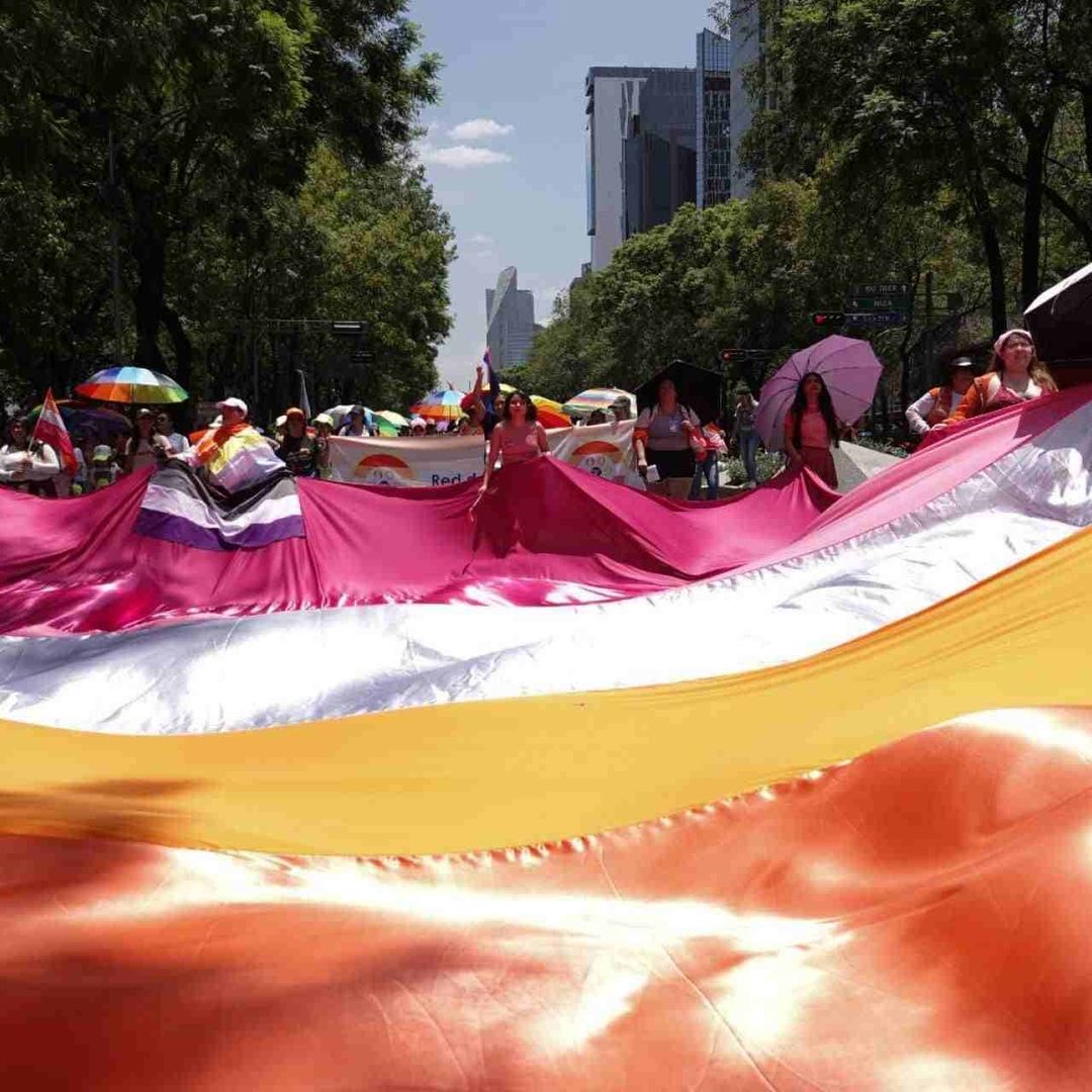 Mujeres y personas portan bandera de la 'Marcha Lencha' en CDMX