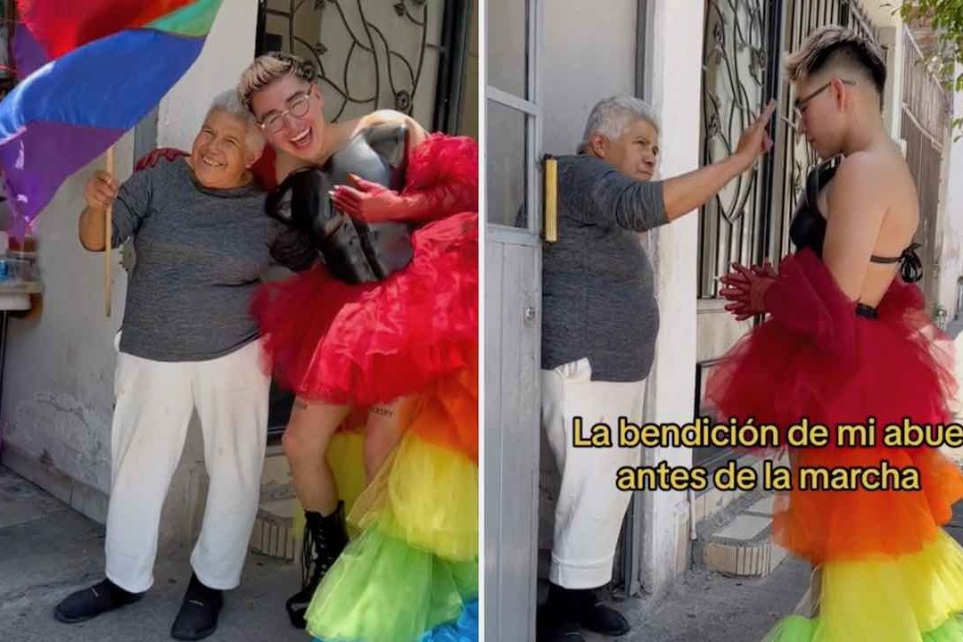 Abuelita abraza a su nieto antes de la marcha LGBT