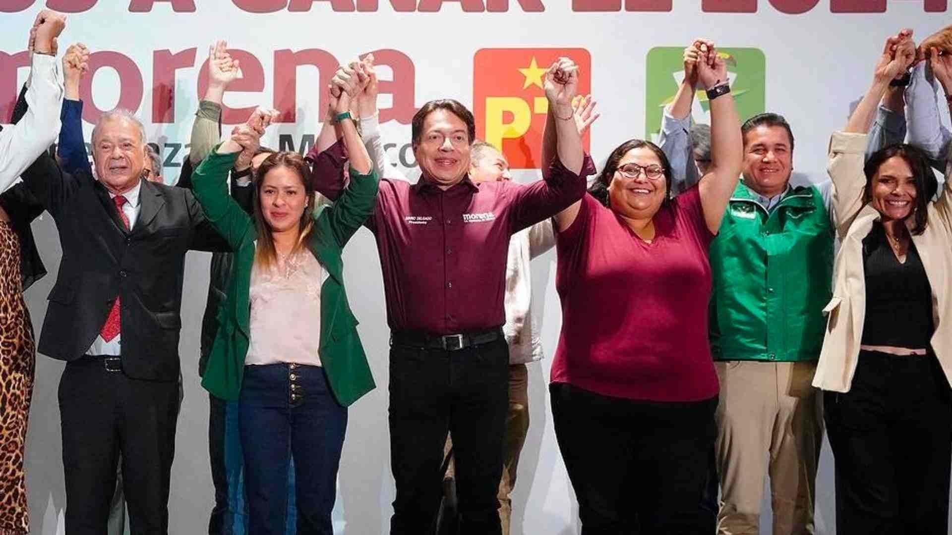 Mario Delgado y los dirigentes del PT y PVEM.