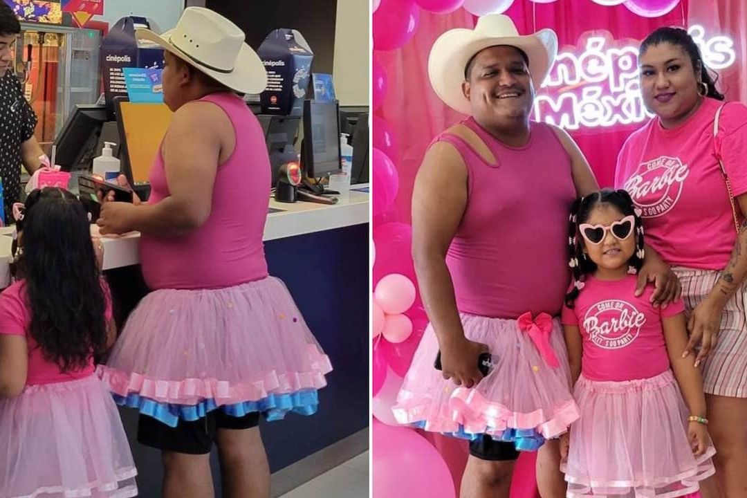 Papá se viste como su hija para ir a ver Barbie en Nuevo Laredo