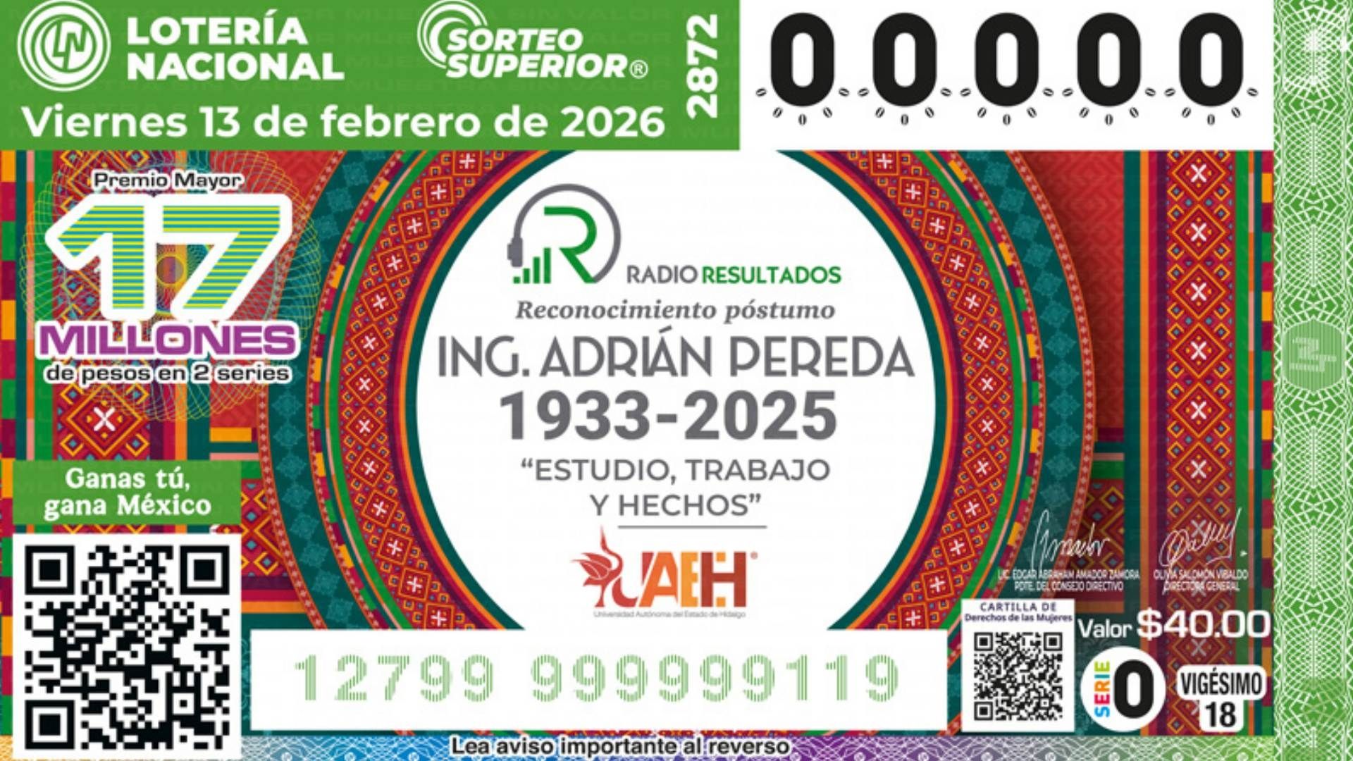 Resultados Sorteo Lotería Nacional hoy 13 de febrero 2026 rifa Superior 2872 número ganador