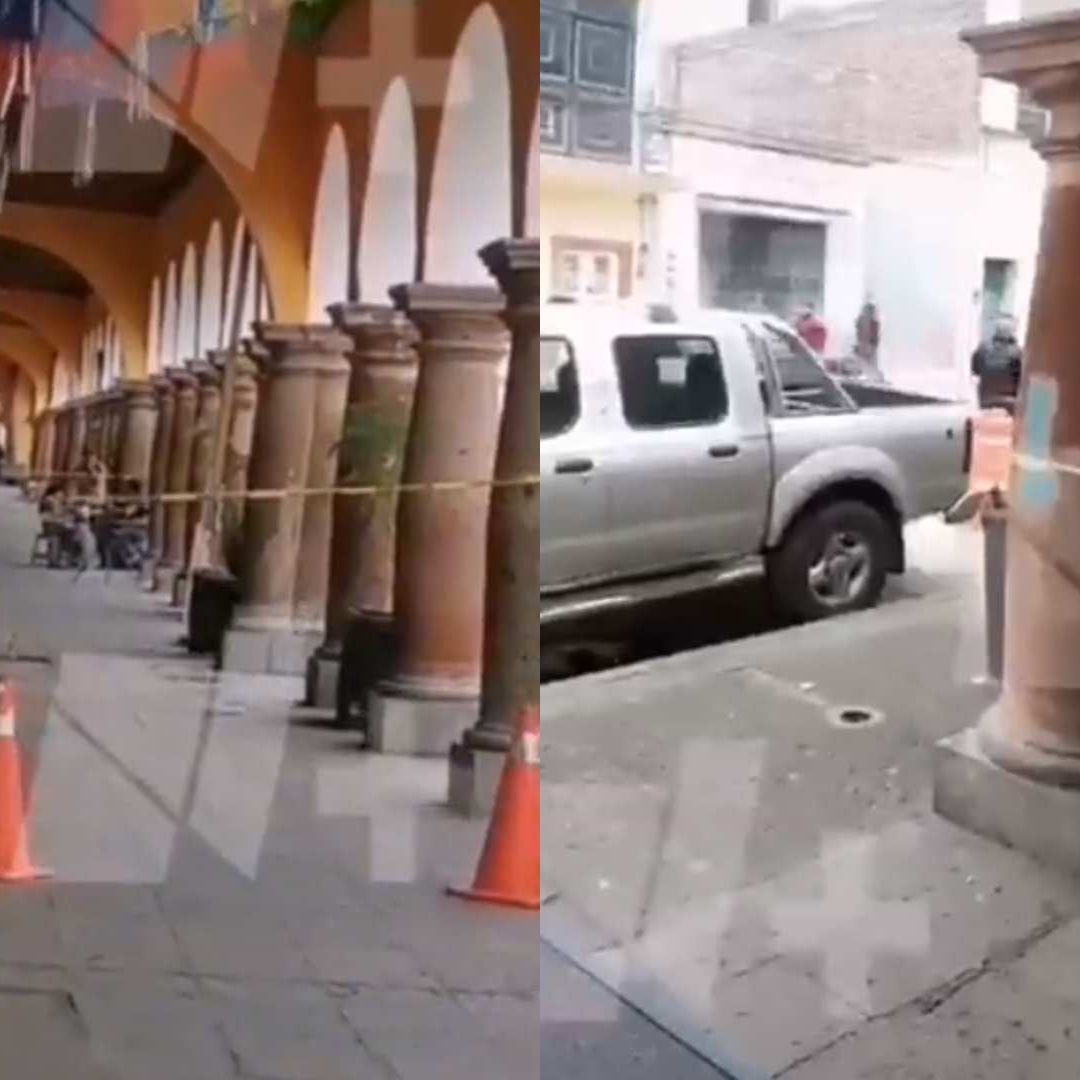 Autoridades realizan peritajes en los portales de la Zaragoza, en el centro de Salvatierra, Gunajuato, donde fue acribillado el edil Alejandro Lanuza
