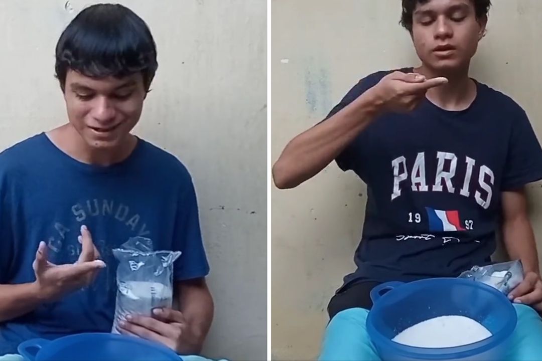 Joven cuenta los granos de azúcar en un kilogramo en video