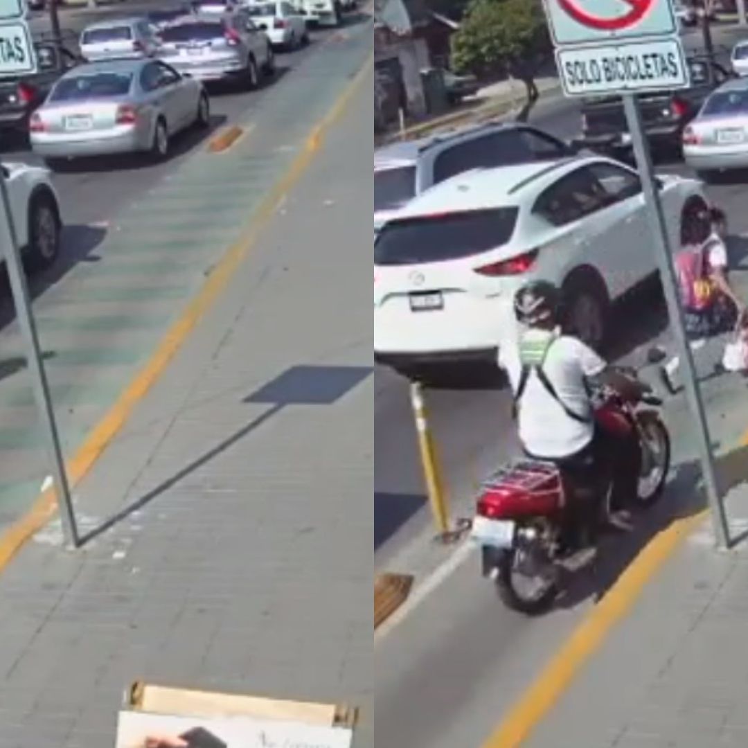 Momento en que motociclista atropella a una niña y escapa en León, Guanajuato