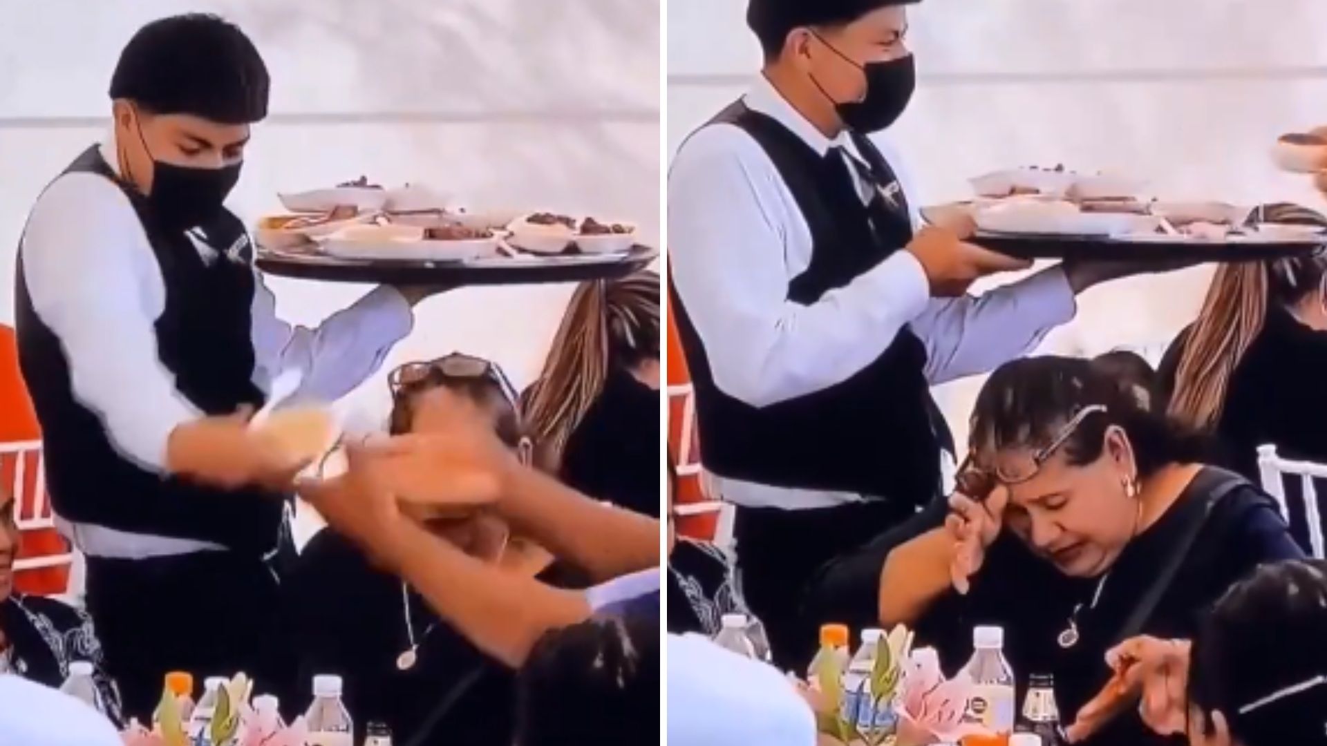 Video: Mesero Tira Comida Sobre Invitada en Fiesta