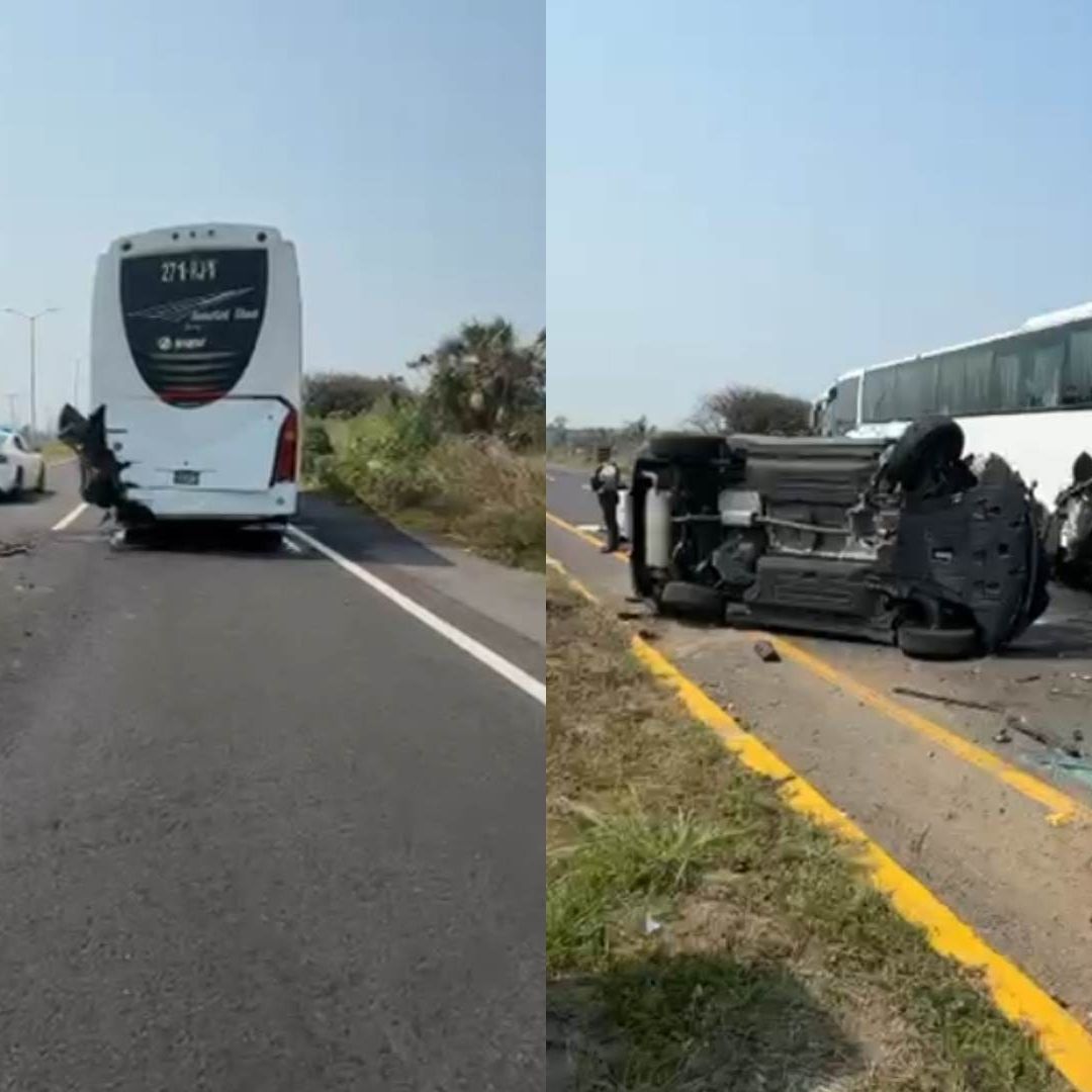 Camioneta Vuelca tras Chocar Contra Autobús de Turismo en Carretera Boca del Río Antón Lizardo Veracruz