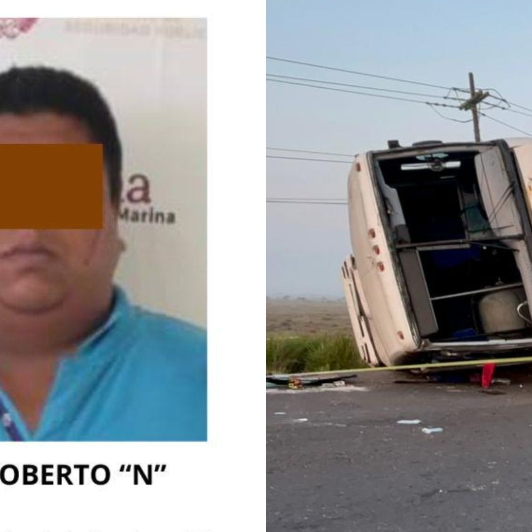 chofer imputadoy camión volcado en carretera Veracruz-Alvarado.