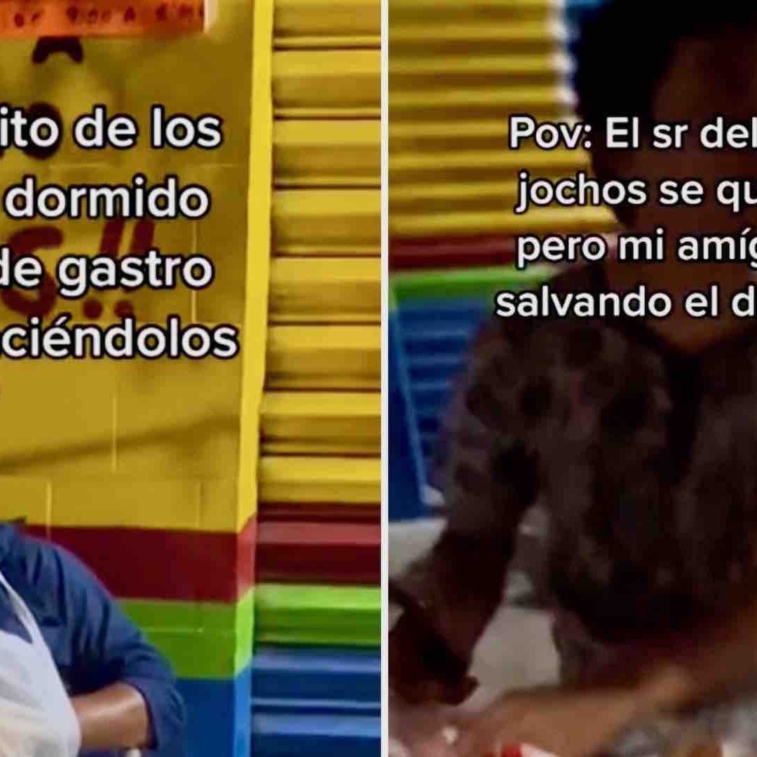 Jóvenes atienden un puesto de hot dogs mientras el dueño duerme