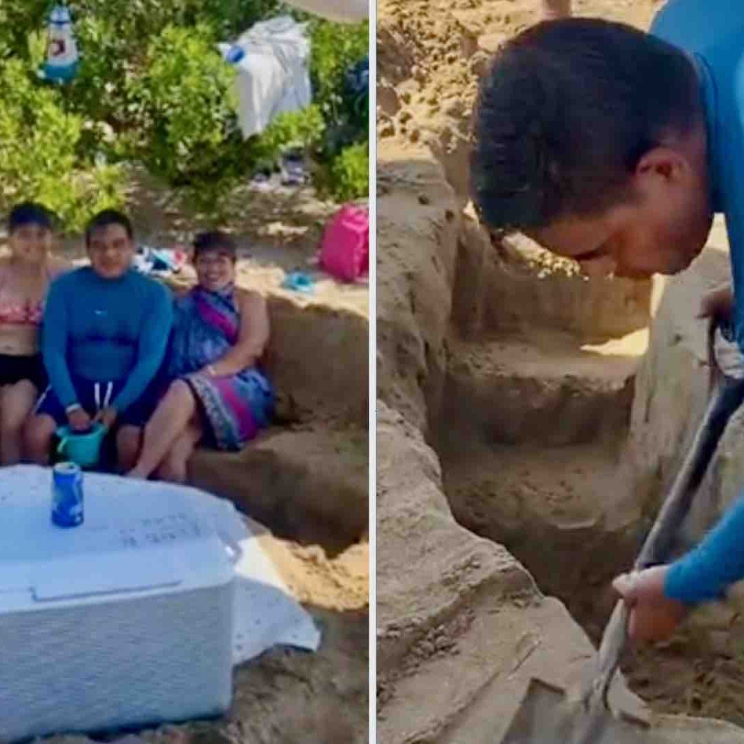Familia hace mesa de arena para no rentar una en la playa