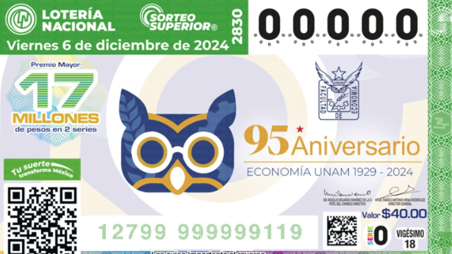 'Cachito’ de la Lotería Nacional con imagen del 95 aniversario de la Facultad de Economía de la UNAM, Sorteo Superior 2830, 6 de Diciembre 2024
