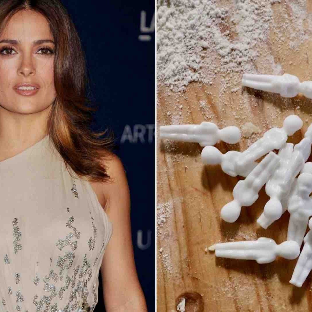 Salma Hayek a lado de varios muñecos del Niño Dios
