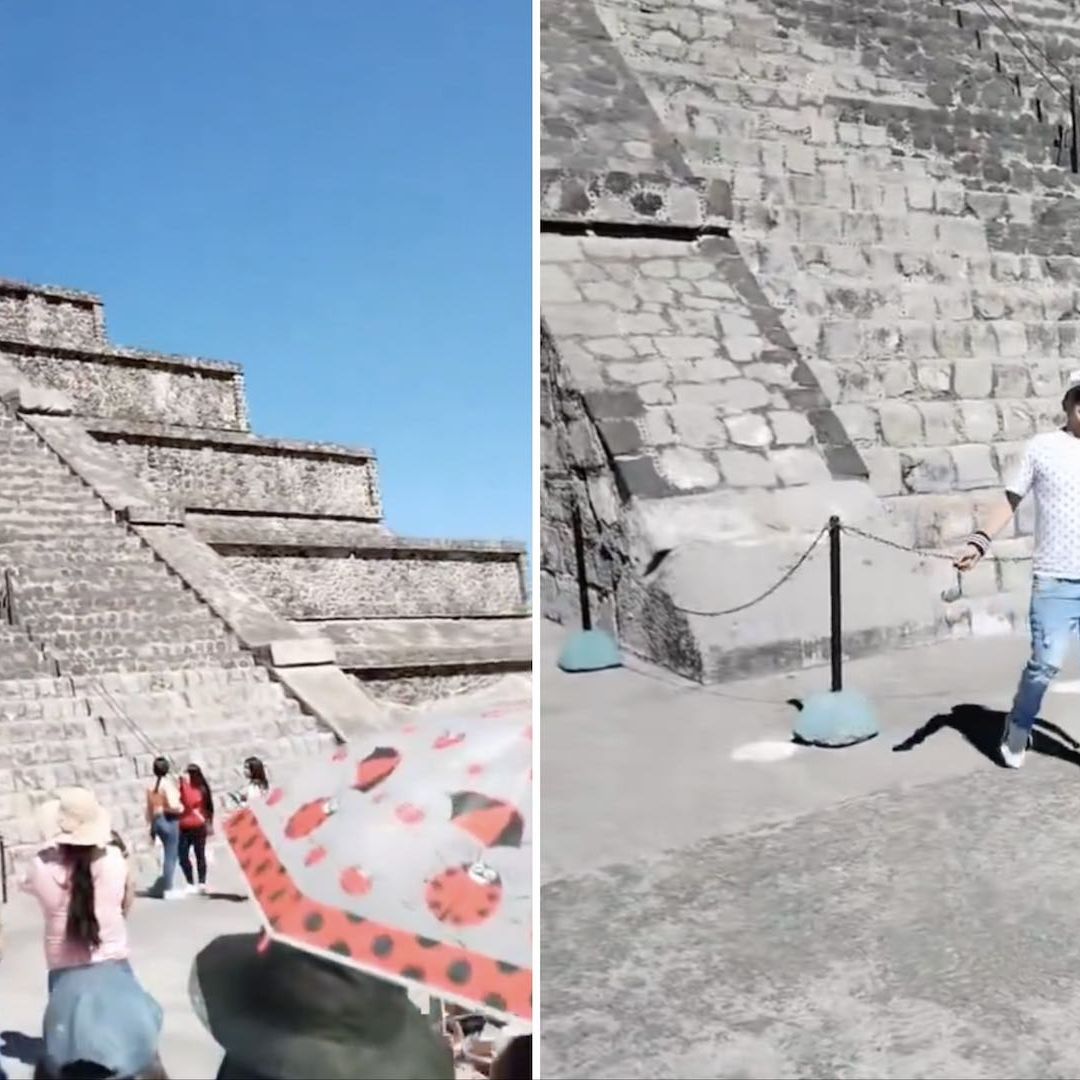 Bajan a turista de pirámide en Teotihuacán