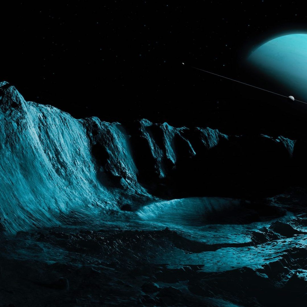 Ilustración del paisaje desde la luna Ariel de Urano