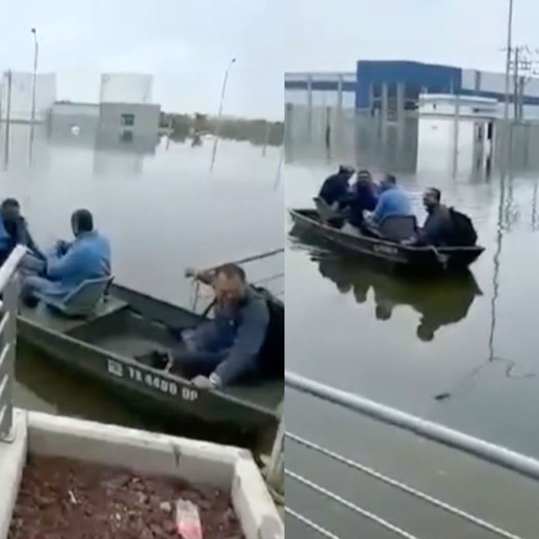 Empleados de Maquiladora Llegan a Trabajar en Lancha Por Inundaciones en Reynosa