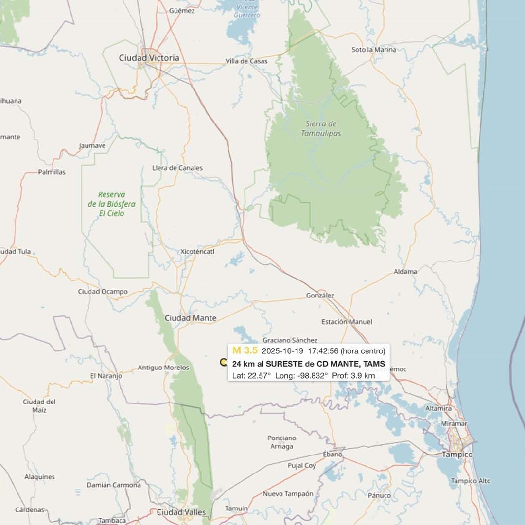 Registran Sismo con Epicentro al Sureste de El Mante, Tamaulipas