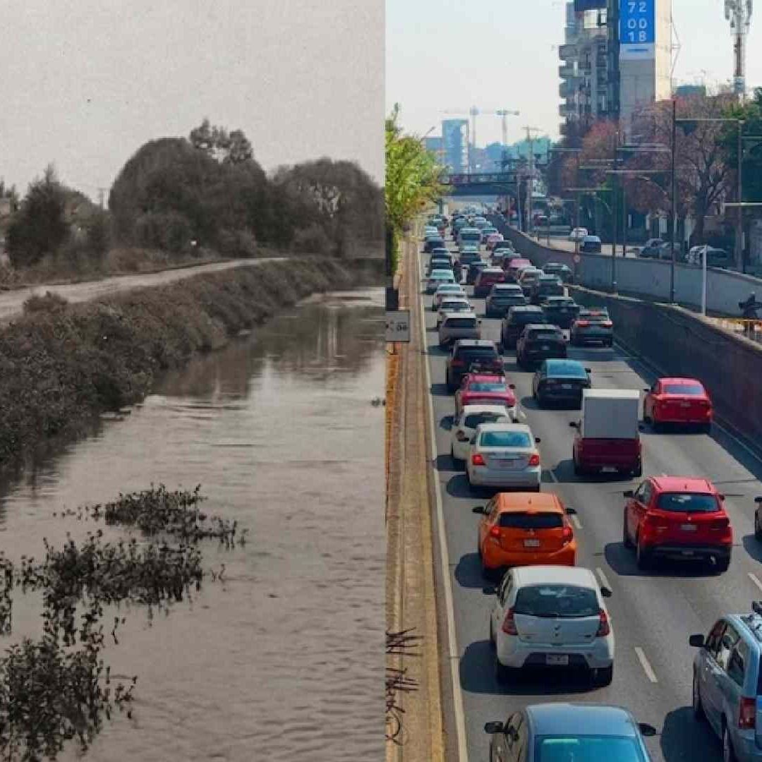 De lado izquierdo el Río de la Piedad, del lado derecho el viaducto Miguel Alemán, construído en los años 40 sobre el cauce del afluente que aún corre entubado bajo el asfalto. Foto: Museo Archivo de la Fotografía / Secretaría de Cultura de la Ciudad de México